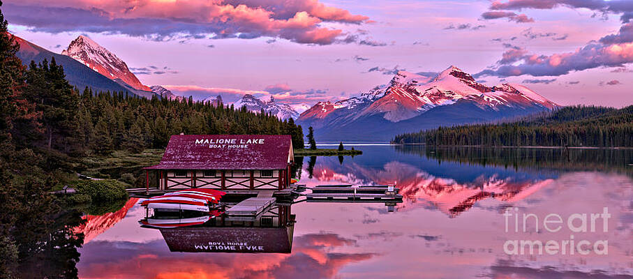 Wall Art featuring the photograph Pink Maligne Lake Sunset Panorama by Adam Jewell