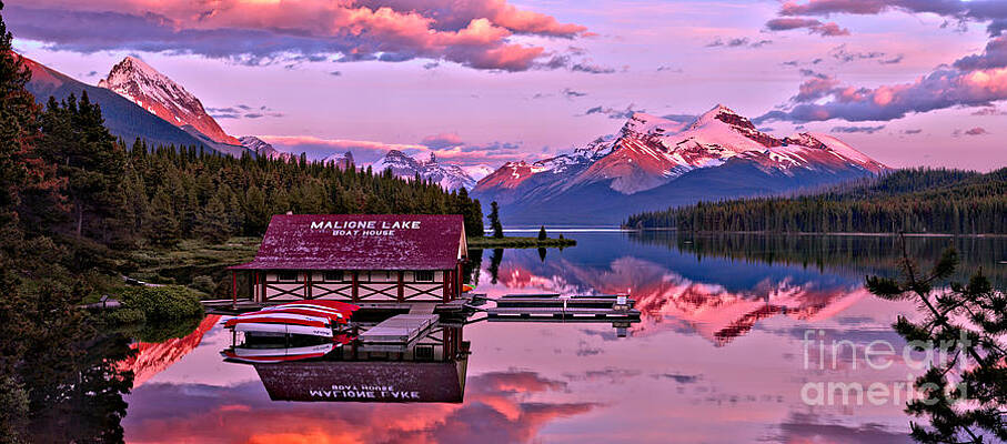Wall Art featuring the photograph Pink Summer Sunset At Maligne Lake by Adam Jewell