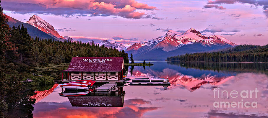 Wall Art featuring the photograph Pink Summer Sunset Reflections Ar Maligne Lake by Adam Jewell