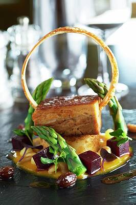 Pork Belly With Green Asparagus And Cubes Of Beetroot Print
