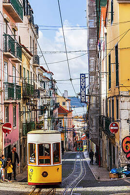 Building Wall Art featuring the digital art Portugal, Distrito De Lisboa, Lisbon, Tagus, Tejo, Bairro Alto, Elevador Da Bica, Ascensor Da Bica, Funicular In Bairro Alto Urban District by Luigi Vaccarella