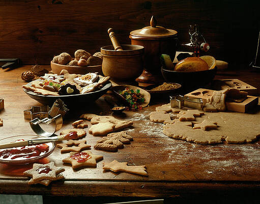 Preparation Of Cookies With Dough, Jam, Nuts, Cookie Cutters On Wooden Table Print