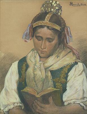 Traditional Painting - Reading In Traditional Costume by Jozef Hanula