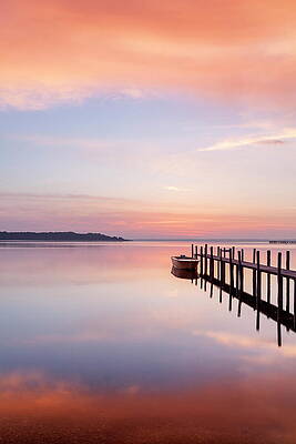 Atmospheric Wall Art featuring the digital art Red Dawn On Lake Chiemsee, Felden by Christian Back