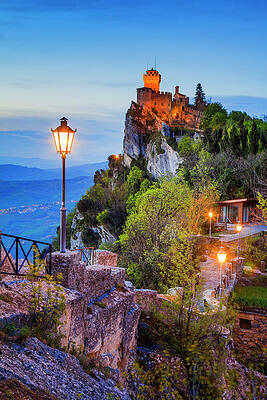 Wall Art featuring the digital art Republic Of San Marino, San Marino, San Marino, Rocca Cesta (second Tower) By Night by Davide Erbetta