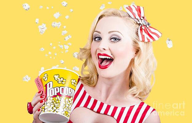 Wall Art featuring the photograph Retro Girl Taking Popcorn To Cinema by Jorgo Photography
