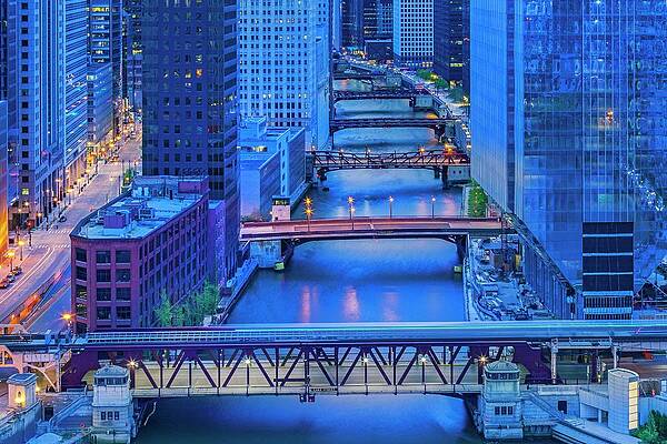 North America Wall Art featuring the digital art River & Bridges, Chicago, Il by Claudia Uripos