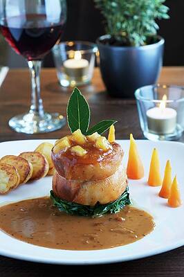Roast Pork Belly With Spinach, Carrots And Potato Pancakes Print