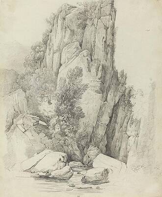 Monochrome Drawing - Rock Cliffs Above A Stream by Johann Christoph Erhard