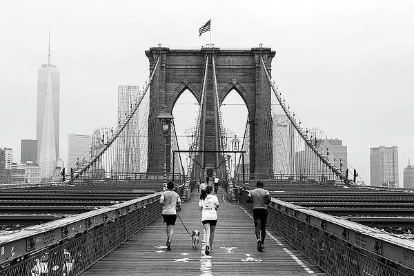 North America Wall Art featuring the digital art Runners On Brooklyn Bridge by Jordan Banks