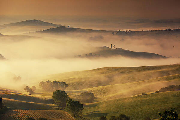 Foggy Wall Art featuring the digital art San Quirico D'orcia, Foggy Sunrise by Maurizio Rellini