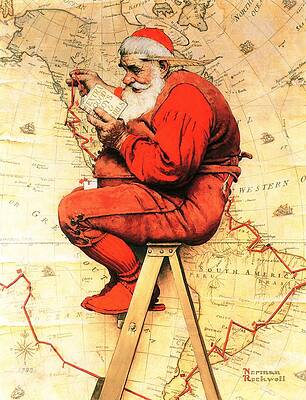 Santa At The Map by Norman Rockwell