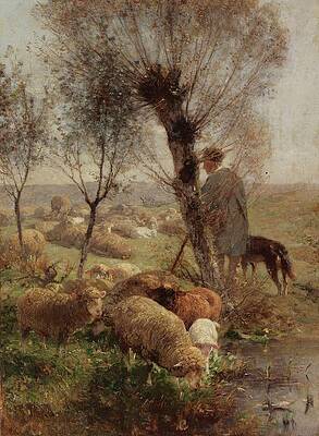 Flock Painting - Schafer Mit Hund Und Herde Unter Weidenbaumen Am Wasser by Heinrich Von Zugel
