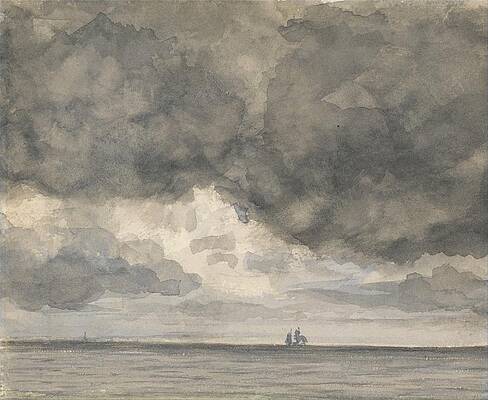 Monochrome Wall Art featuring the painting Seascape With Ship And Overhanging Sky by Unknown