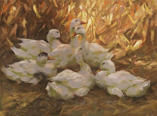 Flock Painting - Sechs Enten Im Stroh by Alexander Koester