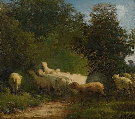 Jean Francois Millet Painting - Sheep Grazing Along A Hedgerow by Jean-francois Millet