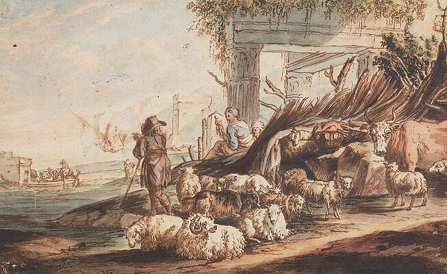 Flock Painting - Shepherd With A Flock Of Sheep And A Cow Among Ruins by Jan Baptist Weenix