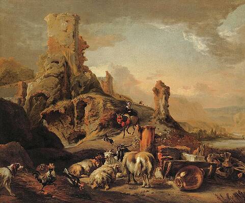 Flock Painting - Shepherdess And Her Flock On A Path by Jan Baptist Weenix