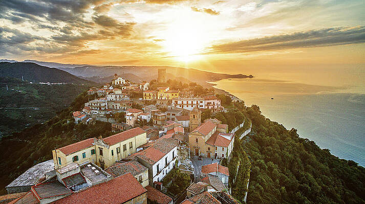 Sunset Digital Art - Sicily, Piraino, Aerial View, Italy by Antonino Bartuccio