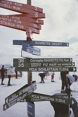 Ski Direction Signposts in Snowy Mountains Wall Art