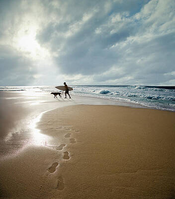 Surfer and Dog on Sandy Beach Wall Art