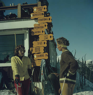 Vintage Ski Scene with Direction Signs Wall Art