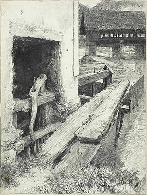 Monochrome Drawing - Sluice by Adolph Menzel