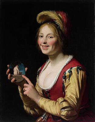 17th Century Painting - Smiling Girl, A Courtesan, Holding An Obscene Image by Gerard Van Honthorst