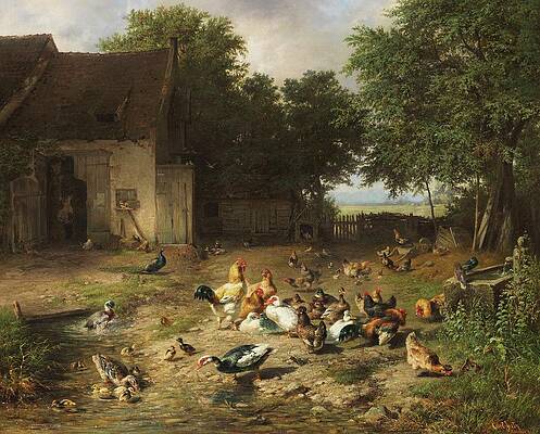 Chicken Painting - Sommerlicher Huhnerhof by Carl Jutz The Elder