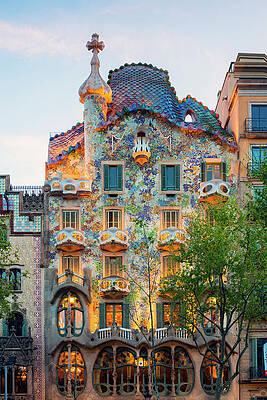 Eurasian Digital Art - Spain, Catalonia, Barcelona, Casa Batllo Illuminated At Dusk , Architect Antoni Gaudi by Jordan Banks