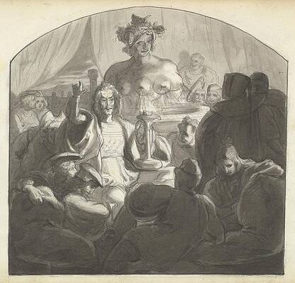Monochrome Wall Art featuring the drawing Speaker Addressing Male Figures Gathered At Night by Frederic Leighton