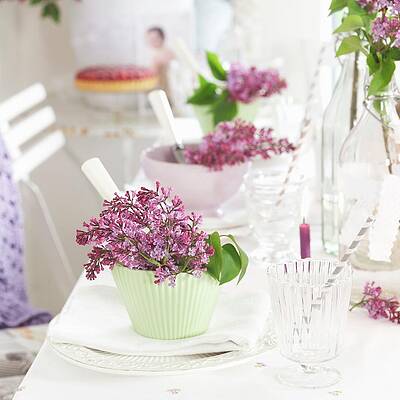 Spring Atmosphere - Table Set For Afternoon Coffee Decorated With Lilac Print