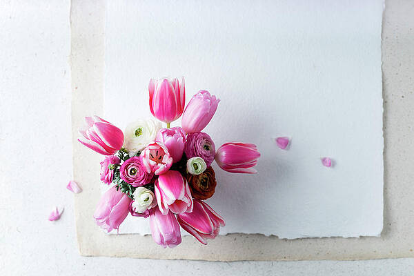 Spring Bouquet Of Pink Tulips And Ranunculus Top View Print