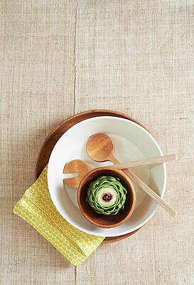 Stacked Bowls With Wooden Servers; Artichoke In A Bowl; From Above Print