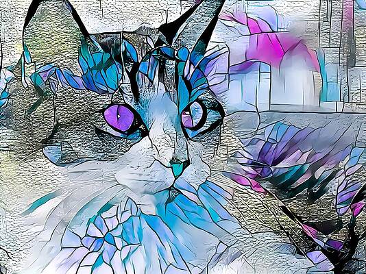 Happy Digital Art - Stained Glass Cat Profile Blue by Don Northup
