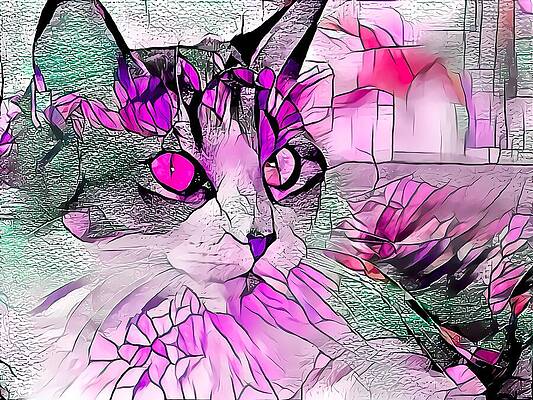 Happy Digital Art - Stained Glass Cat Profile Purple by Don Northup