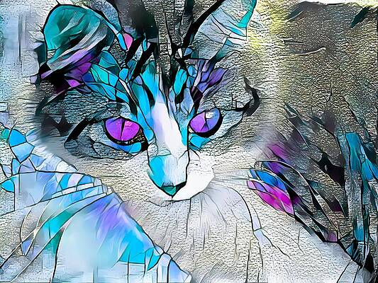 Happy Digital Art - Stained Glass Cat Stare Purple Eyes by Don Northup