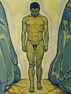 Yellow Wall Art featuring the painting Stehender Junglingsakt Zwischen Felsen by Koloman Moser