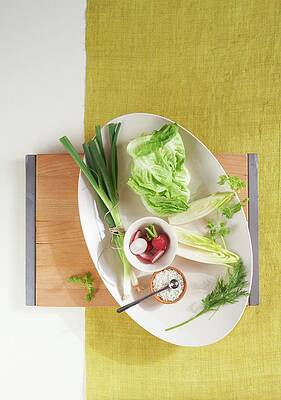 Still Life Of Green Veggies And Herbs With A Small Bowl Of Radishes Print
