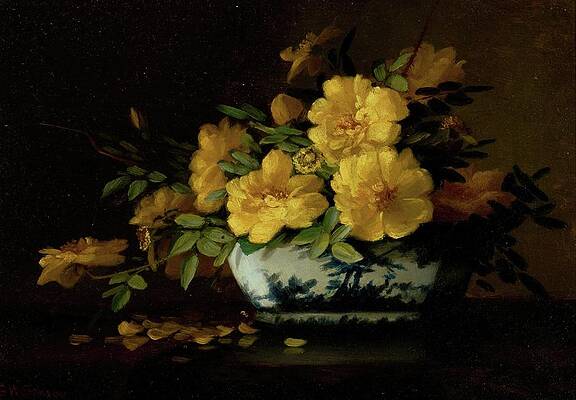Yellow Wall Art featuring the painting Still Life Of Yellow Roses In An Oriental Vase by George W. Seavey