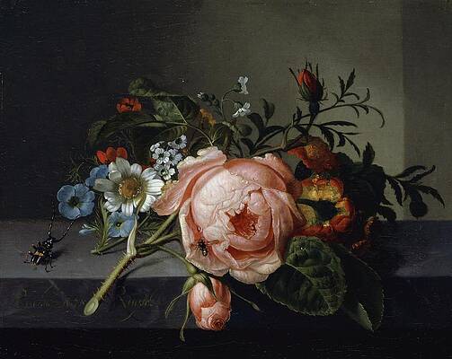 Still Life with Rose, Beetle, and Bee Painting