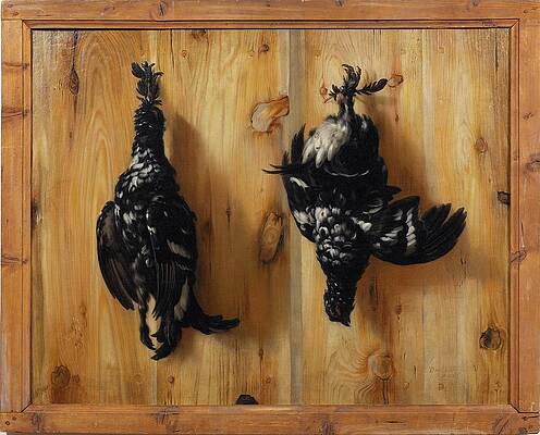 Chicken Painting - Stilleben Med Tva Orrtuppar Mot En Bradvagg by David Klocker Ehrenstrahl