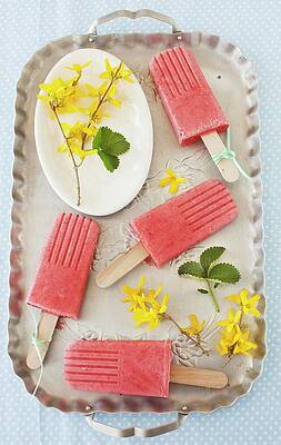 Strawberry Smoothie Ice Lollies On A Tray With Forsythia Flowers Print