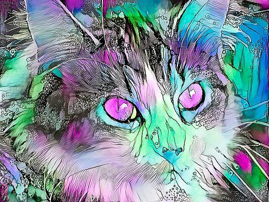 Happy Digital Art - Stunning Watercolor Cat Face Purple Eyes by Don Northup