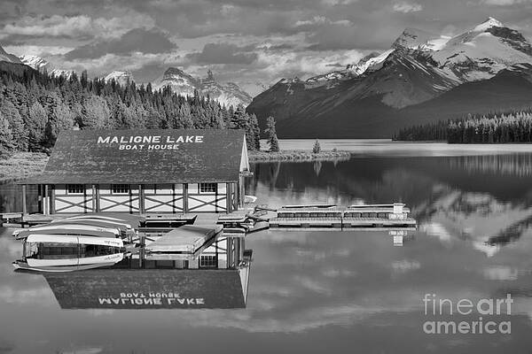Wall Art featuring the photograph Summer Reflections On Maligne Lake Black And White by Adam Jewell