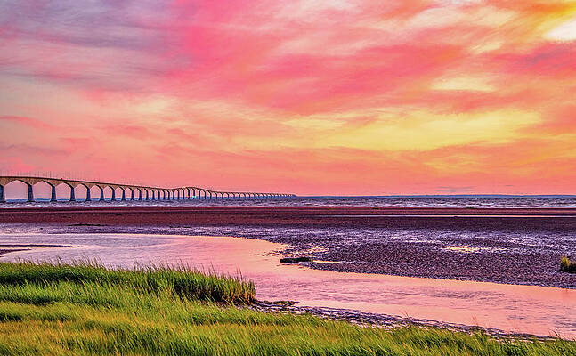 Sunset Photograph - Summer Sunset At Confederation Bridge, Painterly by Marcy Wielfaert