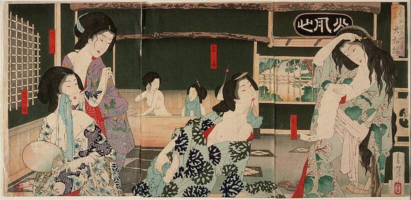 Traditional Painting - Summer; Women Bathing At The Daishoro by Tsukioka Yoshitoshi