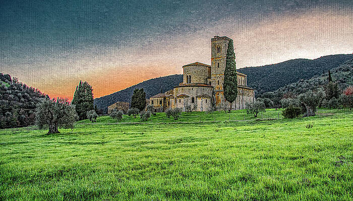 Spring Photograph - Abbey Of Sant' Antimo Sunset, Textured by Marcy Wielfaert