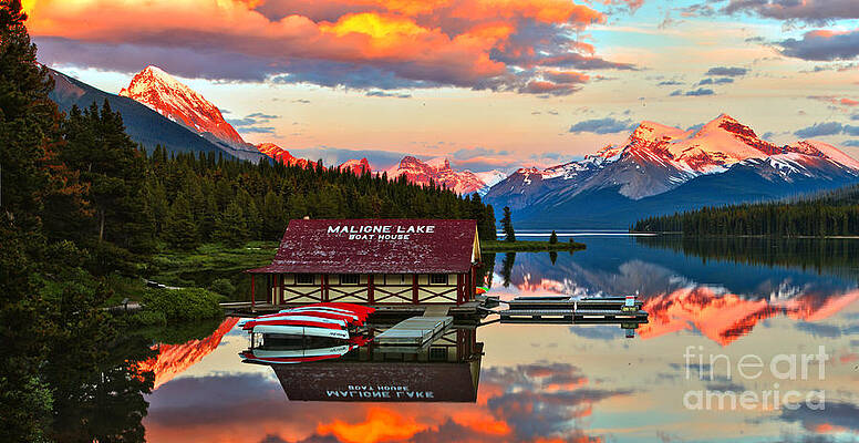 Wall Art featuring the photograph Sunset Glow Over The Maligne Lake Boathouse by Adam Jewell