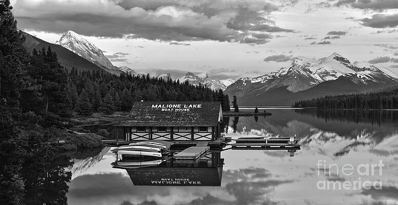 Wall Art featuring the photograph Sunset Glow Over The Maligne Lake Boathouse Black And White by Adam Jewell